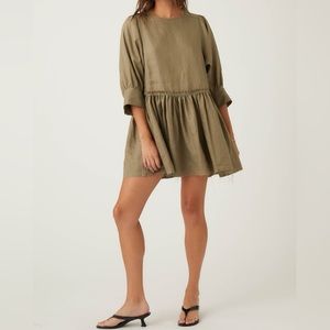 R.G.Kane Stella linen mini dress in olive‎ green ruffle hem Made in USA